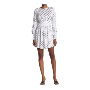Afrm Long Sleeve White Polka Dot Smocked Mini Dress With Cutout Back Size XS